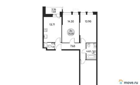 Купить трехкомнатную квартиру, 74 м², этаж 14 из 17. Фото 1