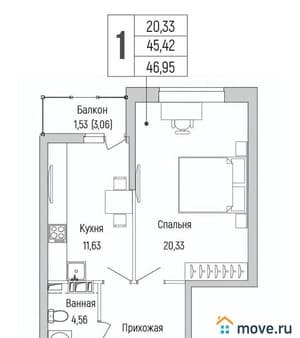 Продаю однокомнатную квартиру, 46.95 м², этаж 8 из 9. Фото 1