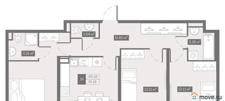 Продажа трехкомнатных апартаментов, 74.18 м², этаж 4 из 14. Фото 1