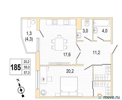 Продаю однокомнатную квартиру, 57.3 м², этаж 4 из 8. Фото 2