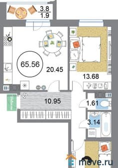 Объявление о продаже двухкомнатной квартиры, 65.56 м², 15 мин. до метро на транспорте, этаж 5 из 12. Фото 1