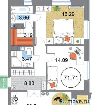 Продается двухкомнатная квартира, 71.71 м², 15 мин. до метро на транспорте, этаж 12 из 12. Фото 1