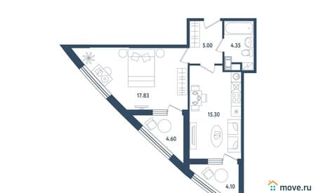 Продается однокомнатные апартаменты, 46.83 м², этаж 5 из 6. Фото 1