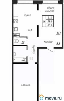 Продажа двухкомнатной квартиры, 60.5 м², этаж 8 из 17. Фото 1