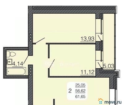 Продается двухкомнатная квартира, 59.14 м², этаж 3 из 3. Фото 1
