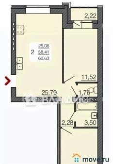 Продать двухкомнатную квартиру, 59.52 м², этаж 2 из 3. Фото 1