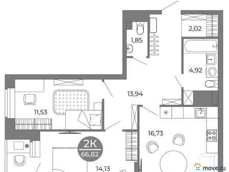 Купить двухкомнатную квартиру, 66.82 м², этаж 15 из 25. Фото 1