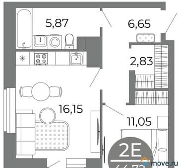 Объявление о продаже двухкомнатной квартиры, 44.72 м², этаж 14 из 25. Фото 1