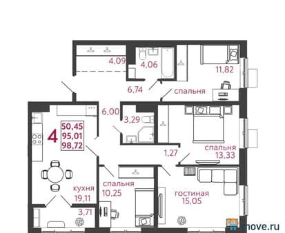 Продажа четырехкомнатной квартиры, 98.72 м², этаж 12 из 12. Фото 1