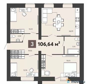 Продажа трехкомнатной квартиры, 106.64 м², этаж 9 из 17. Фото 1