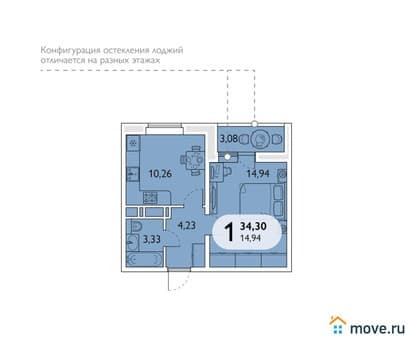 Продается однокомнатная квартира, 34.3 м², этаж 2 из 16. Фото 1