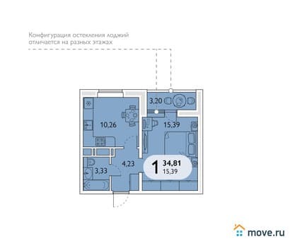 Купить однокомнатную квартиру, 34.81 м², этаж 4 из 16. Фото 1