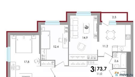 Купить трехкомнатную квартиру, 73.71 м², этаж 18 из 18. Фото 1