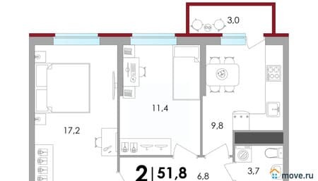 Продать двухкомнатную квартиру, 51.83 м², этаж 12 из 18. Фото 1