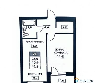 Продажа двухкомнатной квартиры, 42.5 м², этаж 1 из 6. Фото 2