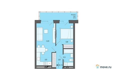 Продажа двухкомнатной квартиры, 39.72 м², этаж 16 из 20. Фото 1