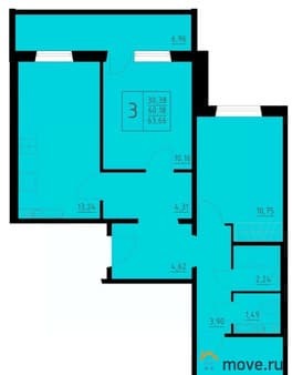 Продажа трехкомнатной квартиры, 63.66 м², этаж 2 из 10. Фото 1