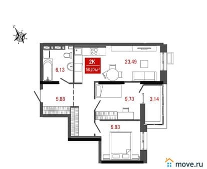 Продам двухкомнатную квартиру, 56.63 м², этаж 8 из 9. Фото 1