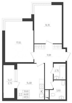 Купить двухкомнатную квартиру, 69.6 м², этаж 2 из 8. Фото 1