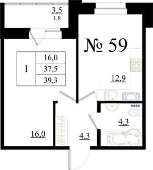 Купить однокомнатную квартиру, 39.3 м², этаж 6 из 8. Фото 1