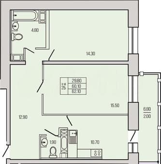 Купить двухкомнатную квартиру, 62.1 м², этаж 8 из 19. Фото 1