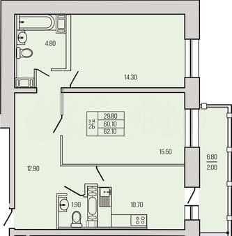 Продать двухкомнатную квартиру, 62.1 м², этаж 13 из 19. Фото 1