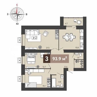 Купить трехкомнатную квартиру, 93.9 м², этаж 7 из 17. Фото 1