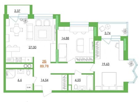 Продажа двухкомнатной квартиры, 89.8 м², этаж 11 из 16. Фото 1