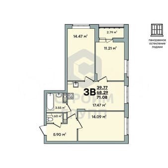 Продажа трехкомнатной квартиры, 71.1 м², этаж 2 из 8. Фото 1