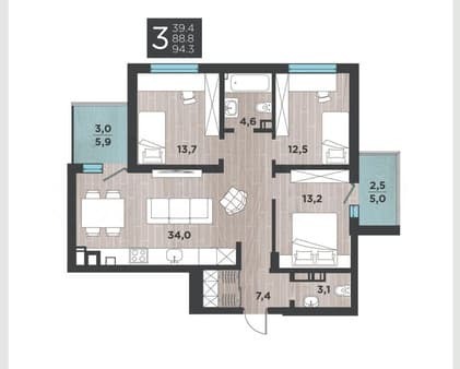Купить четырехкомнатную квартиру, 94.3 м², этаж 2 из 8. Фото 3