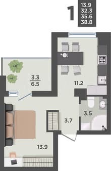 Купить однокомнатную квартиру, 35.6 м², этаж 7 из 9. Фото 4