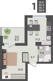 Продать однокомнатную квартиру, 35.7 м², этаж 2 из 9. Фото 4