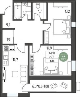 Продажа двухкомнатной квартиры, 65.3 м², этаж 5 из 5. Фото 7