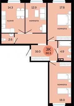 Продажа трехкомнатной квартиры, 86.5 м², этаж 4 из 14. Фото 1