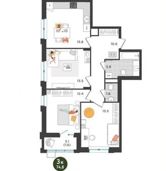 Продам трехкомнатную квартиру, 74.8 м², этаж 8 из 9. Фото 6