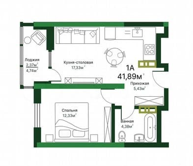 1-комн. квартира, 42 м²