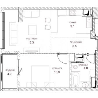 Купить однокомнатную квартиру, 52.1 м², этаж 15 из 22. Фото 2