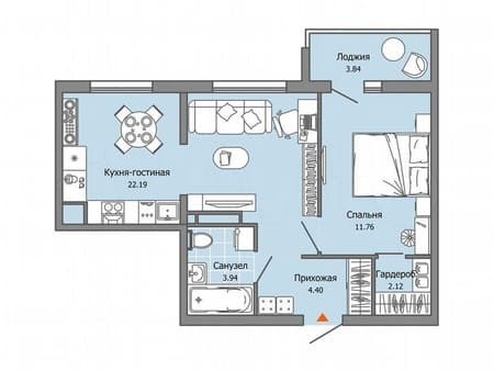 Купить однокомнатную квартиру, 46 м², этаж 9 из 9. Фото 1