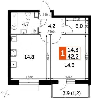 Продам однокомнатную квартиру, 42.1 м², этаж 6 из 9. Фото 1