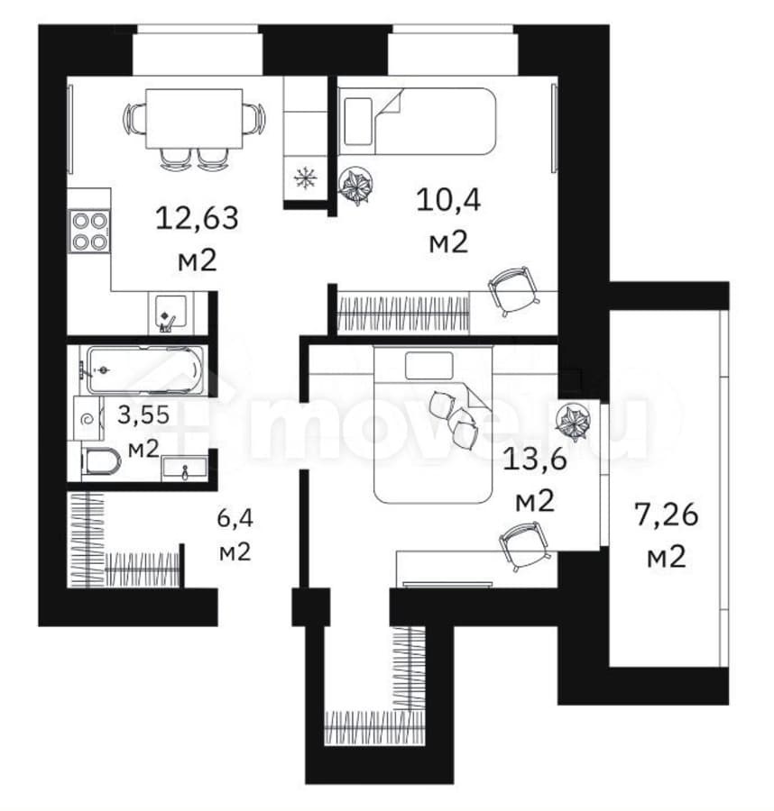 2-комн. квартира, 46.2 м²