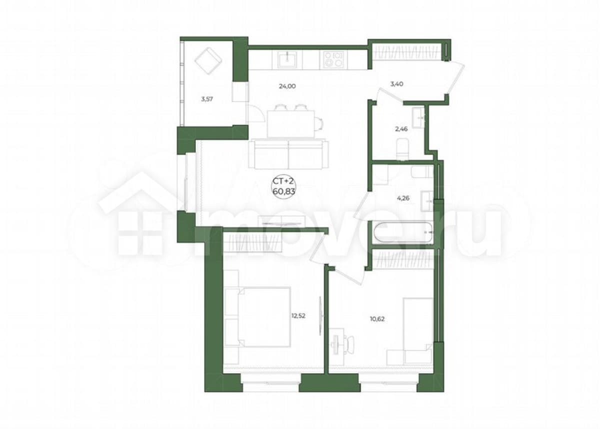 2-комн. квартира, 60.8 м²