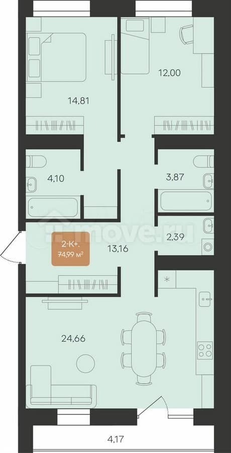 2-комн. квартира, 75 м²