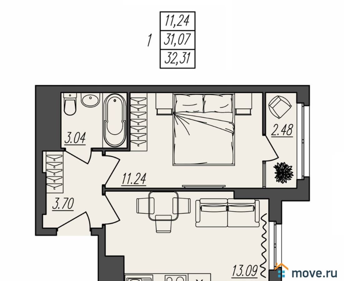 1-комн. квартира, 32.31 м²