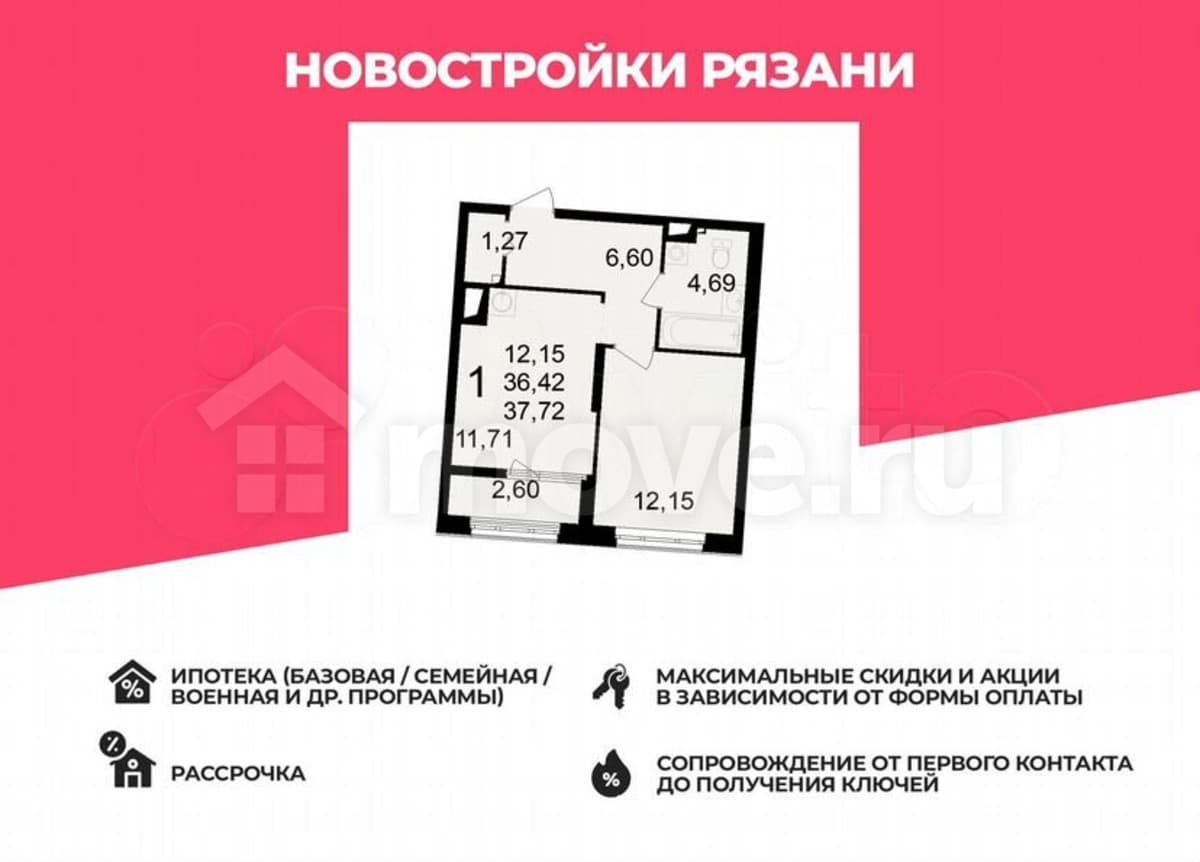 1-комн. квартира, 37.7 м²